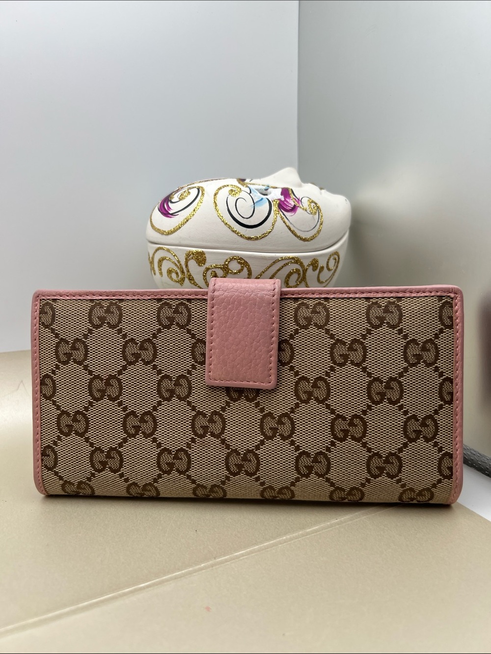 Gucci Beige GG Canvas Continental Long Wallet with Pink Leather Trim Bifold GC - Picture 3 of 17